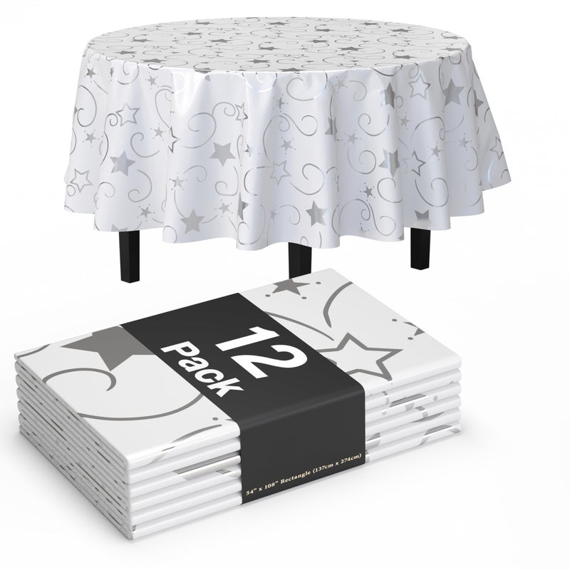 Exquisite Silver Star Tablecloth Plastic 12-Pack Disposable Round Tablecloths 84" Silver Star Table Cloths Round Table Covers Plastic Tablecloth for Party Decorations - Image 1